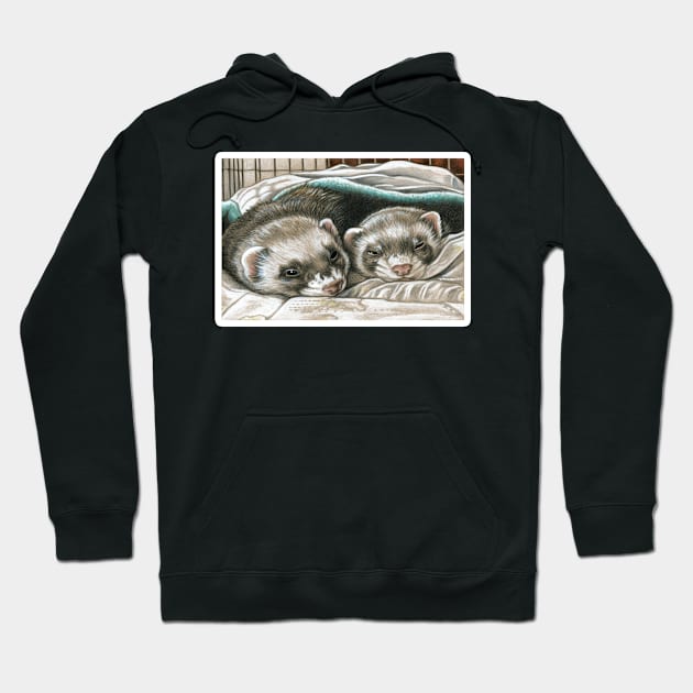 Napping Ferret Buddies - White Outlined Version Hoodie by Nat Ewert Art